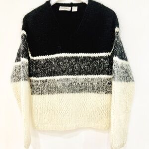 Vtg Alpine Color Block Mohair Fair Isle Wool Black Grey Stripe Chunky Sweater Sm